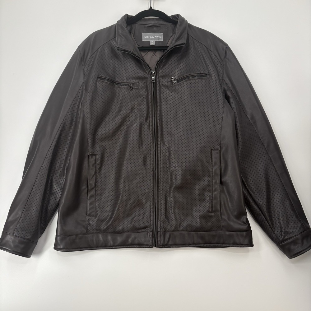 Michael Kors Men's XL Perforated Espresso Faux Leather Moto Jacket